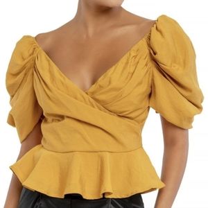 Marigold Puff Sleeve V-neck Peplum Blouse